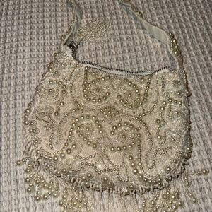 Elegant Pearl-Embellished Cream Bag